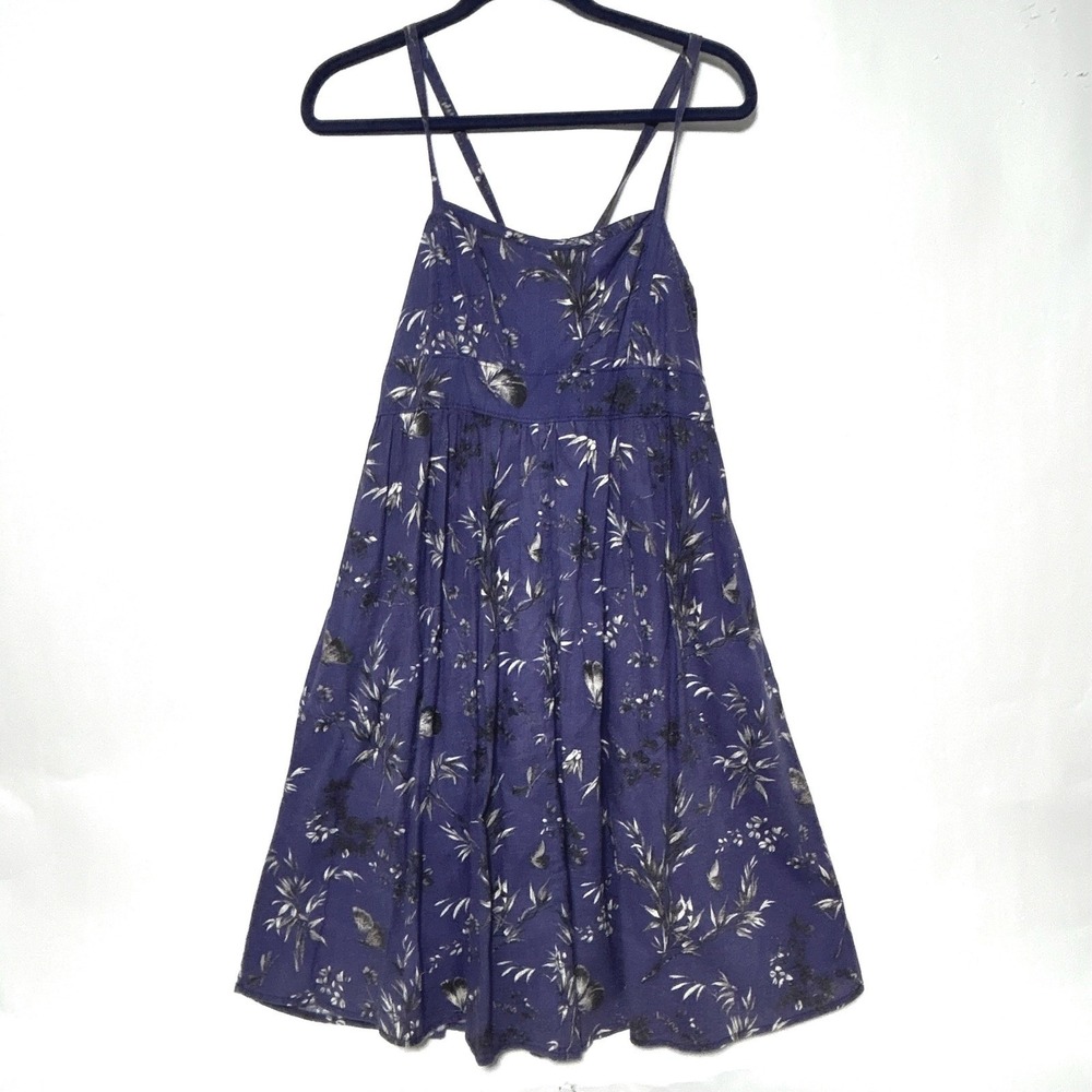 Gap Sundress Women L Blue Floral Butterfly Linen Blend Empire Waist Cottagecore‎